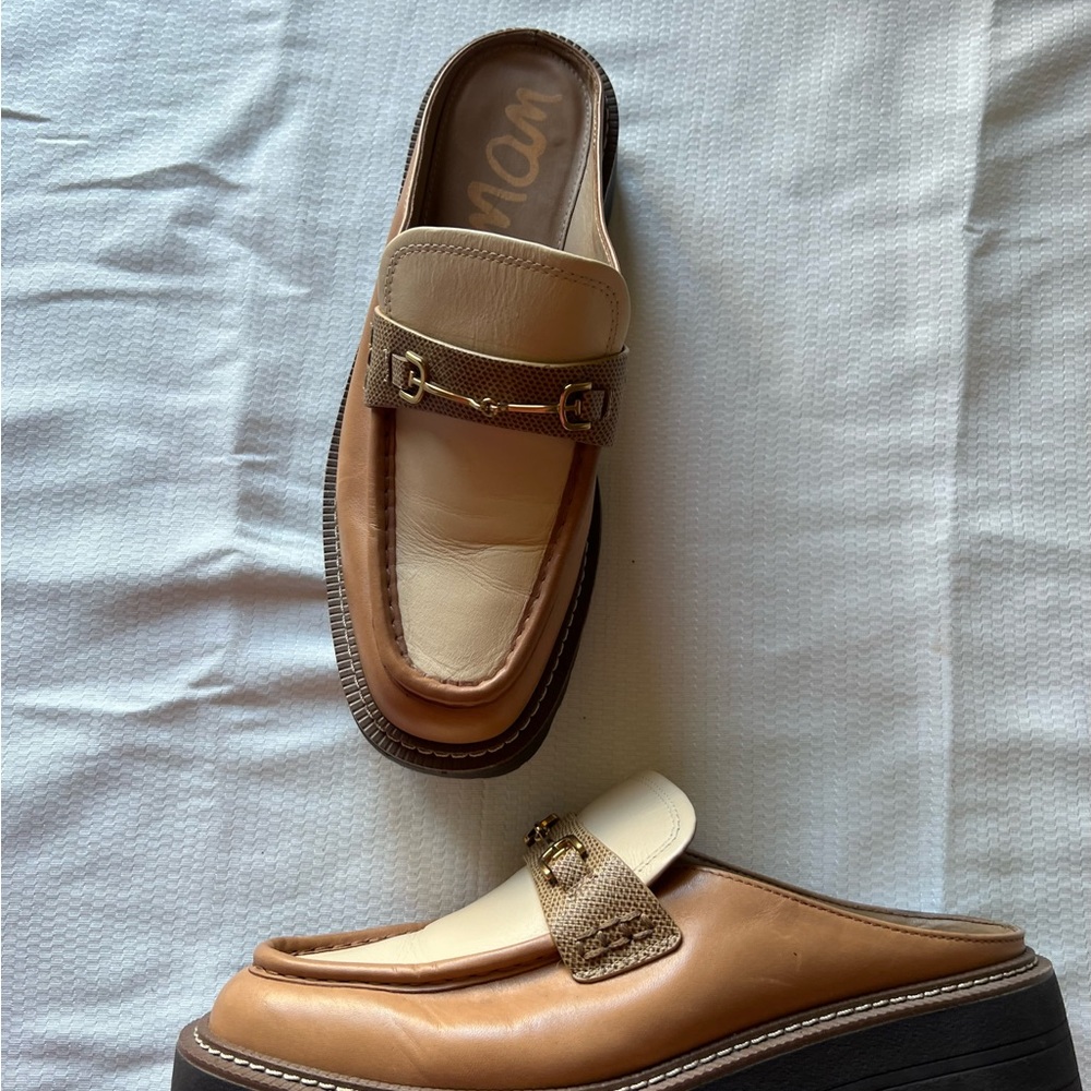 Sam Edelman Two-Tone Cream and Brown Leather Backless Loafers - Picture 5 of 12